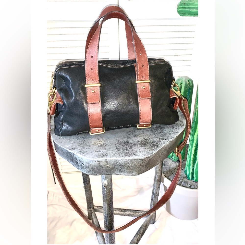 FOSSIL Mason Satchel Black Brown Bohemian Leather Shoulder Bag large